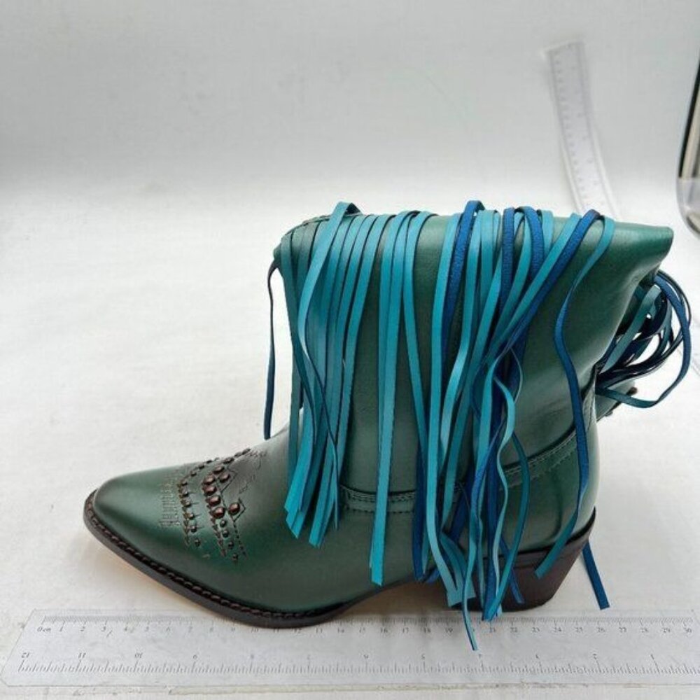 Women Fringe Cowboy Boots Square Toe Mid Calf Embroidered Western Boots Green